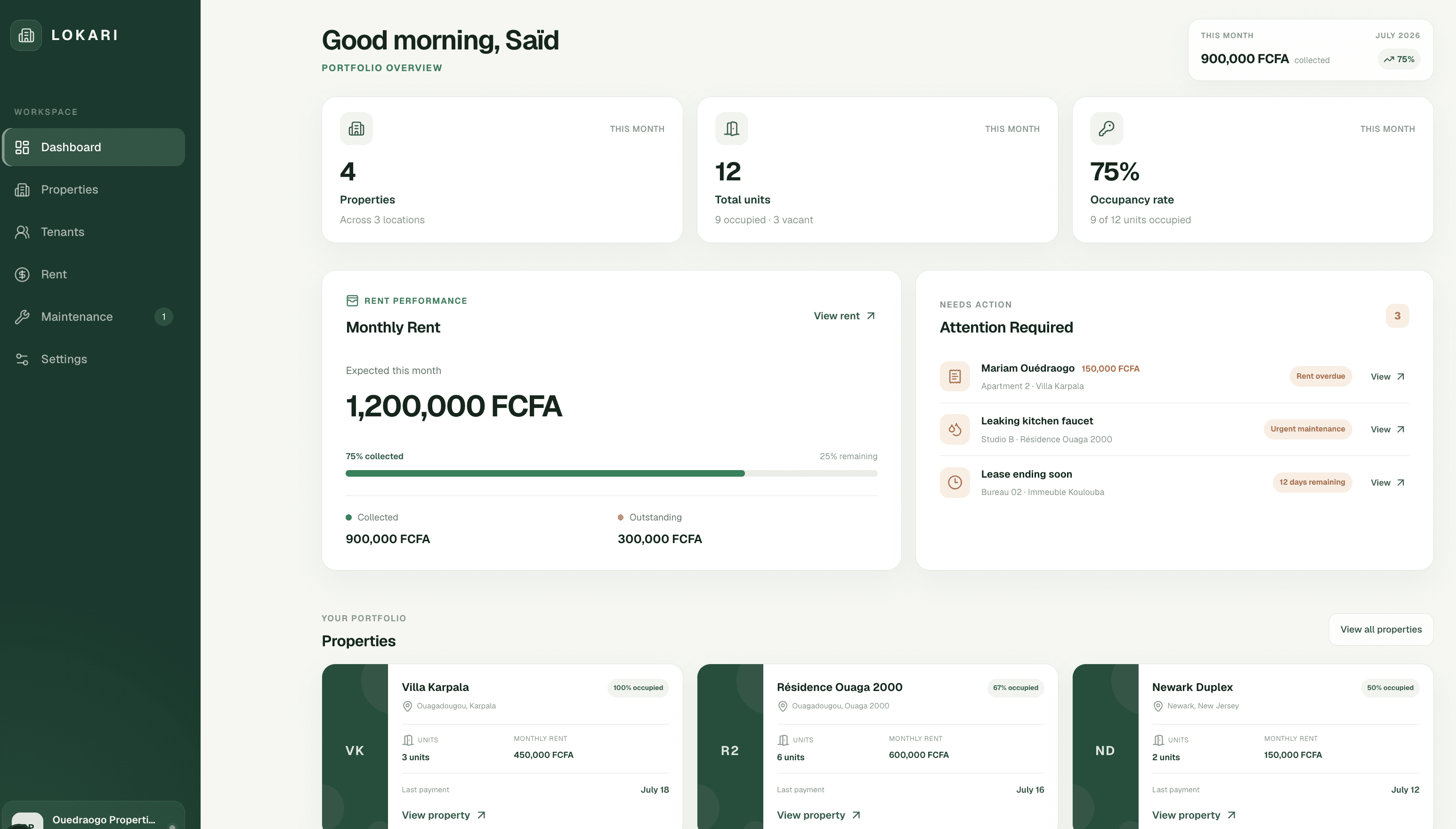 Aperçu de l'interface Lokari, solution de gestion immobilière